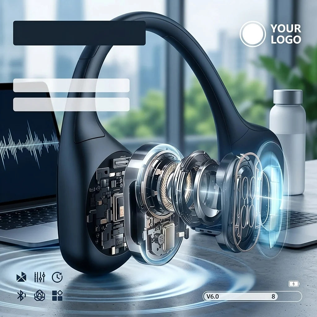 T09 open-ear sports headset controls and charging detail image