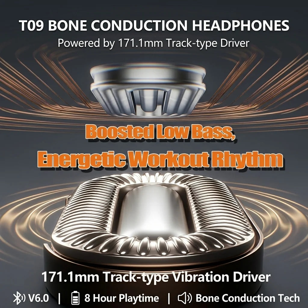 T09 Open-Ear Sports Bone Conduction Headphones, Wireless 6.0, 10H Battery, Soft Rubber Coating